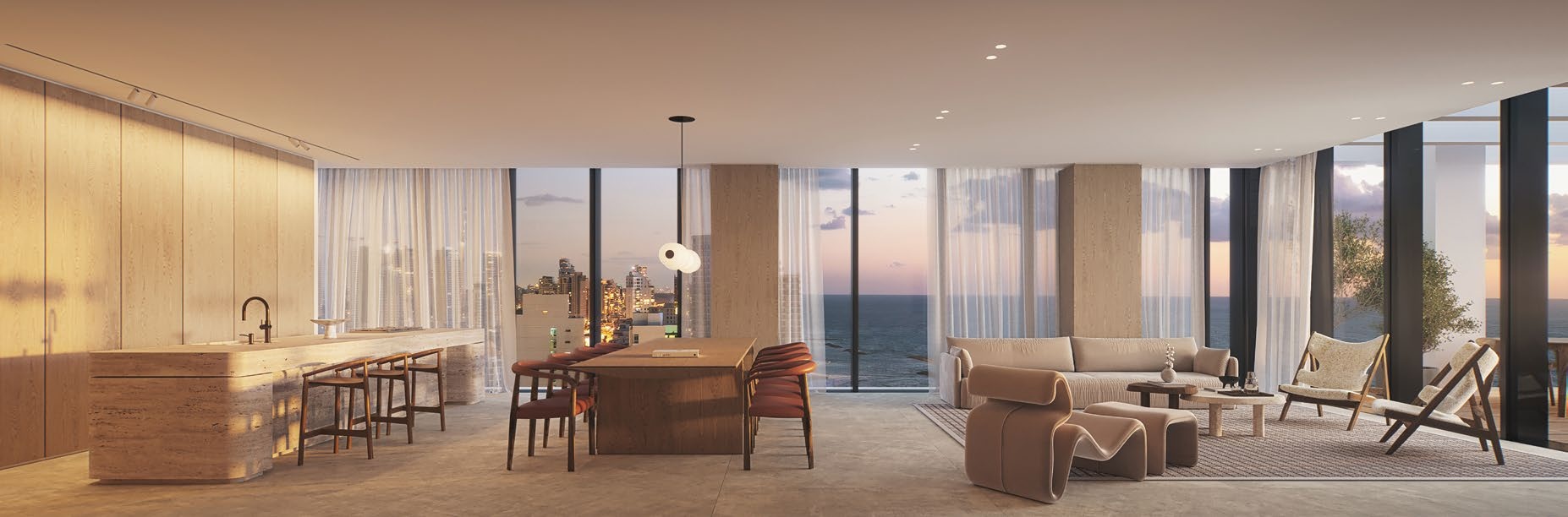 Minimalist luxury interior design showcasing high-end materials at The Esther Netanya residences