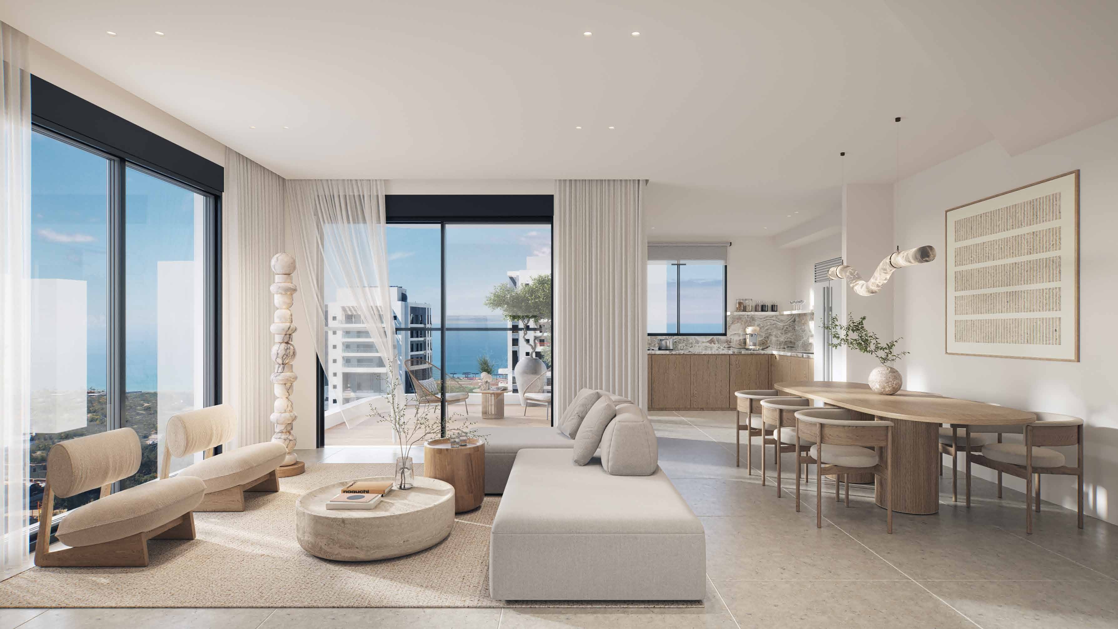 Luxury interior design of a spacious living room at The Island Bat Yam featuring floor-to-ceiling windows and sea views