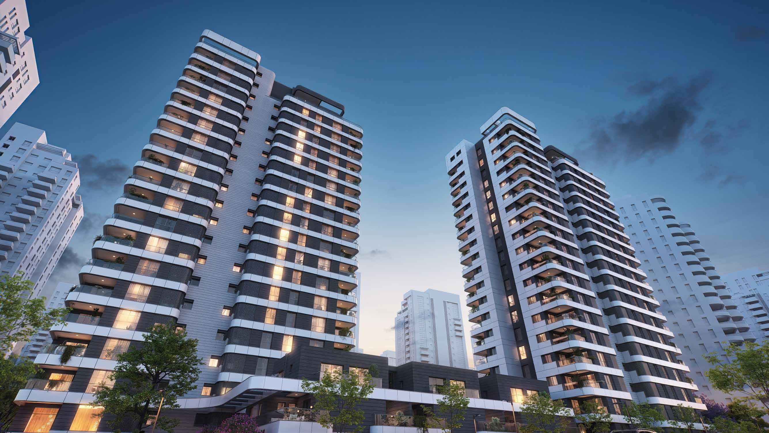 Aerial luxury real estate rendering of The Island towers at Park HaYam in Bat Yam Israel