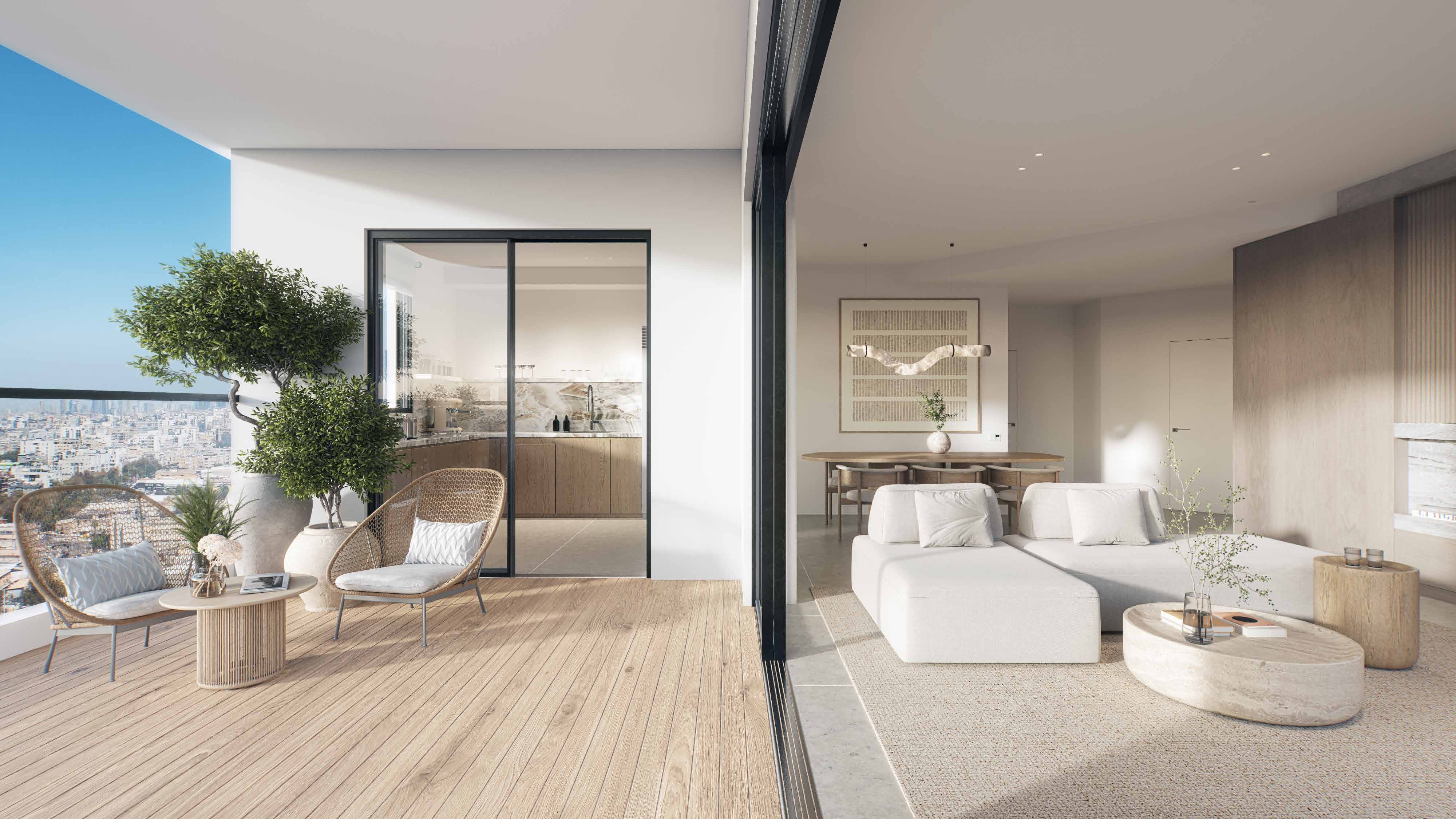 Cinematic twilight view of the Mediterranean coastline from the penthouse collection at The Island Bat Yam