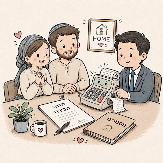 Hand-drawn illustration of an Israeli couple signing their property purchase contract with their advisor at the closing table