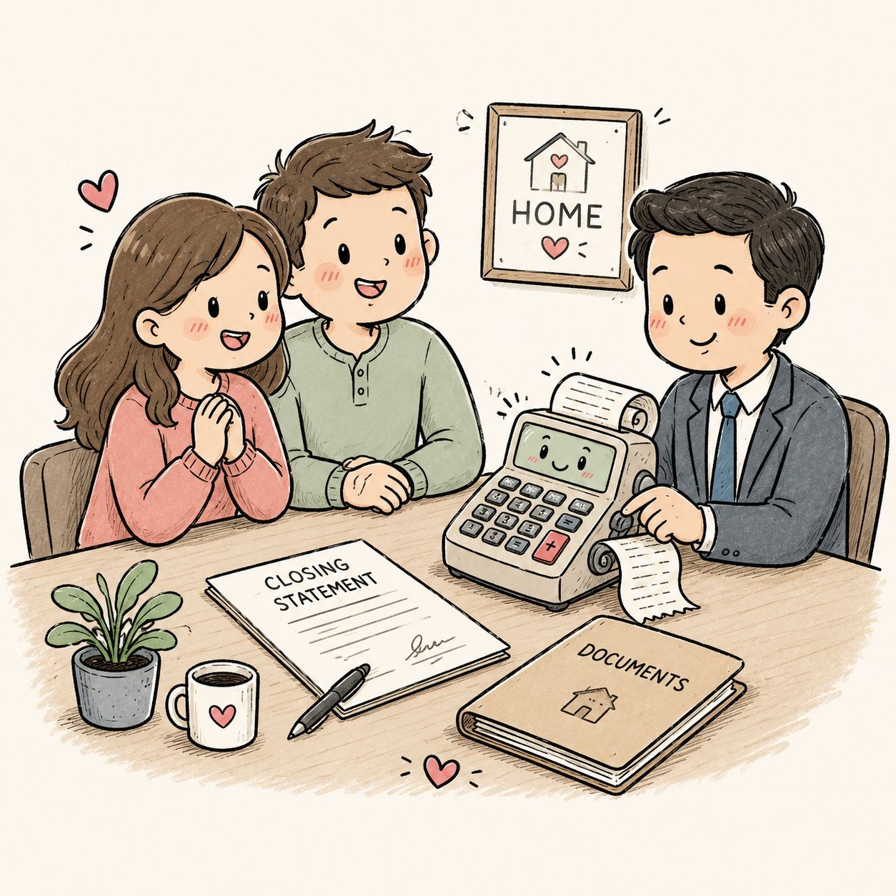 Hand-drawn illustration of a couple at the closing table reviewing the closing statement with their attorney