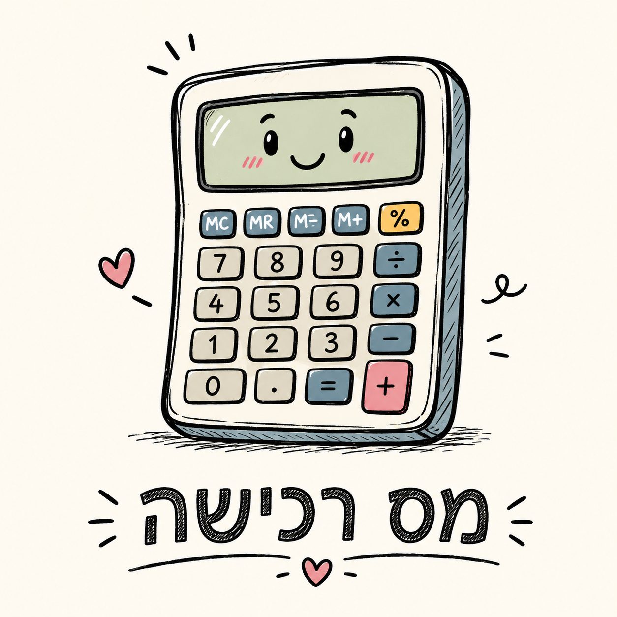 Hand-drawn illustration of a friendly calculator with Mas Rechisha written in Hebrew beneath it