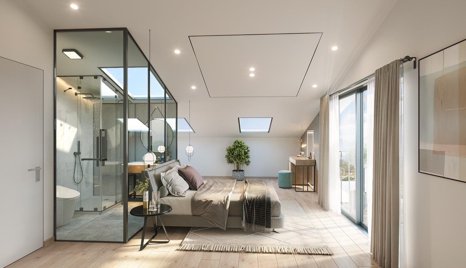 Attic bedroom with pitched ceiling, roof lights and terrace access at Mevo Modi'im