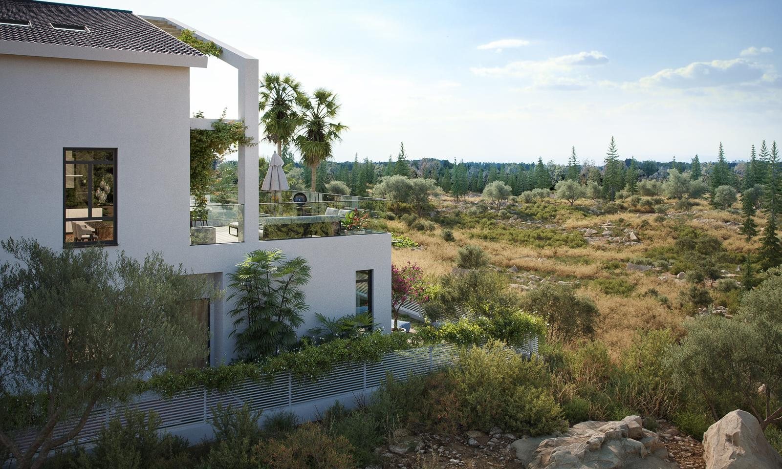 A Mevo Modi'im home at the boundary of the Ben Shemen Forest with open woodland beyond
