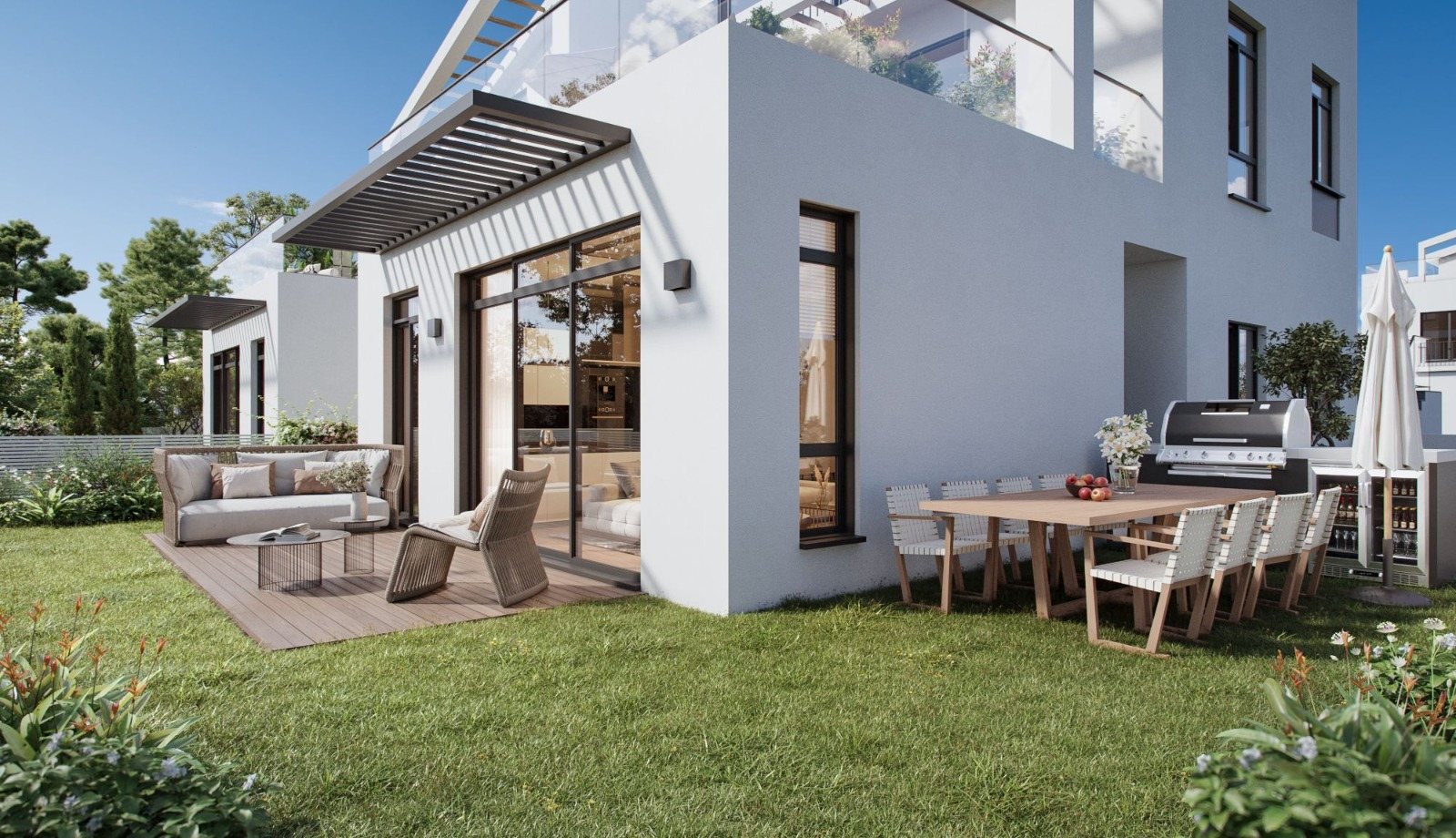 Corner home at Mevo Modi'im with wraparound lawn, deck and outdoor dining