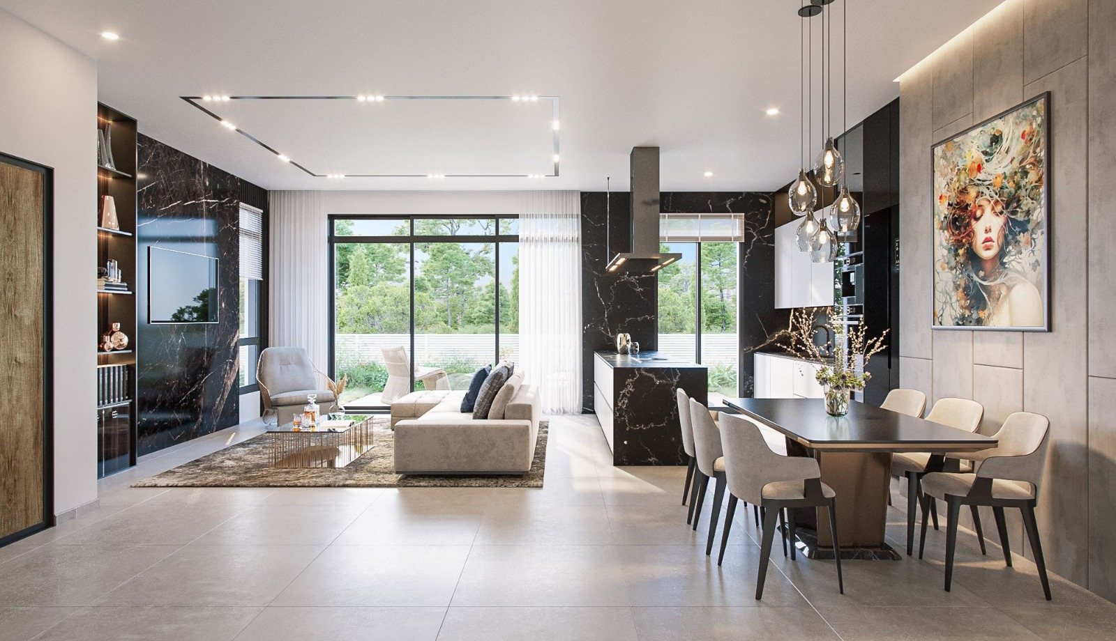 Open plan living and dining room with marble kitchen island in a Mevo Modi'im home