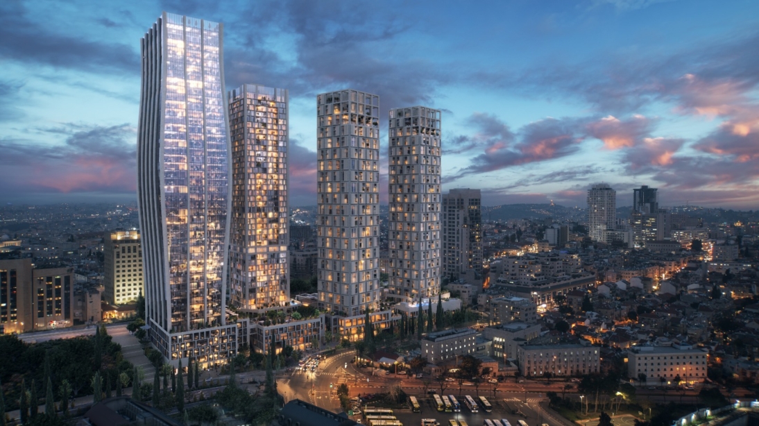 A cinematic view of Jerusalem's eternal skyline from the elevated height of the Midtown towers