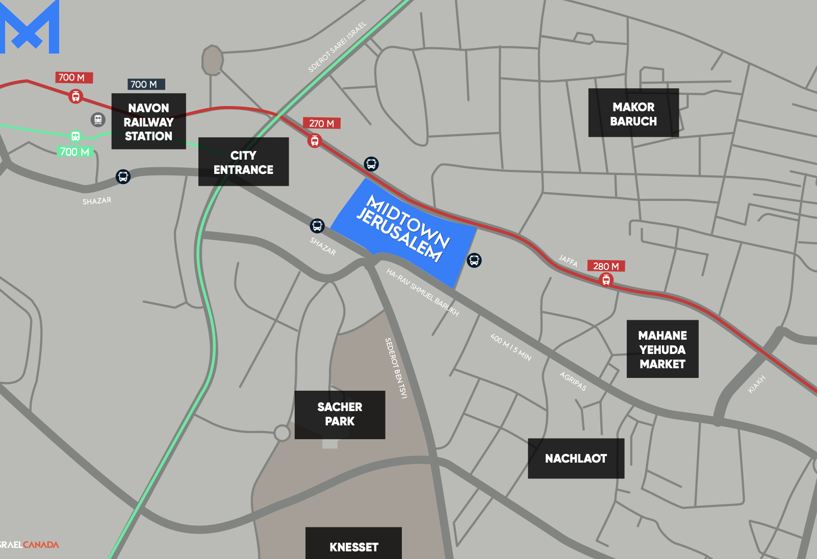 Strategic map showing Midtown Jerusalem prime location between Mahane Yehuda market and the entrance to the capital
