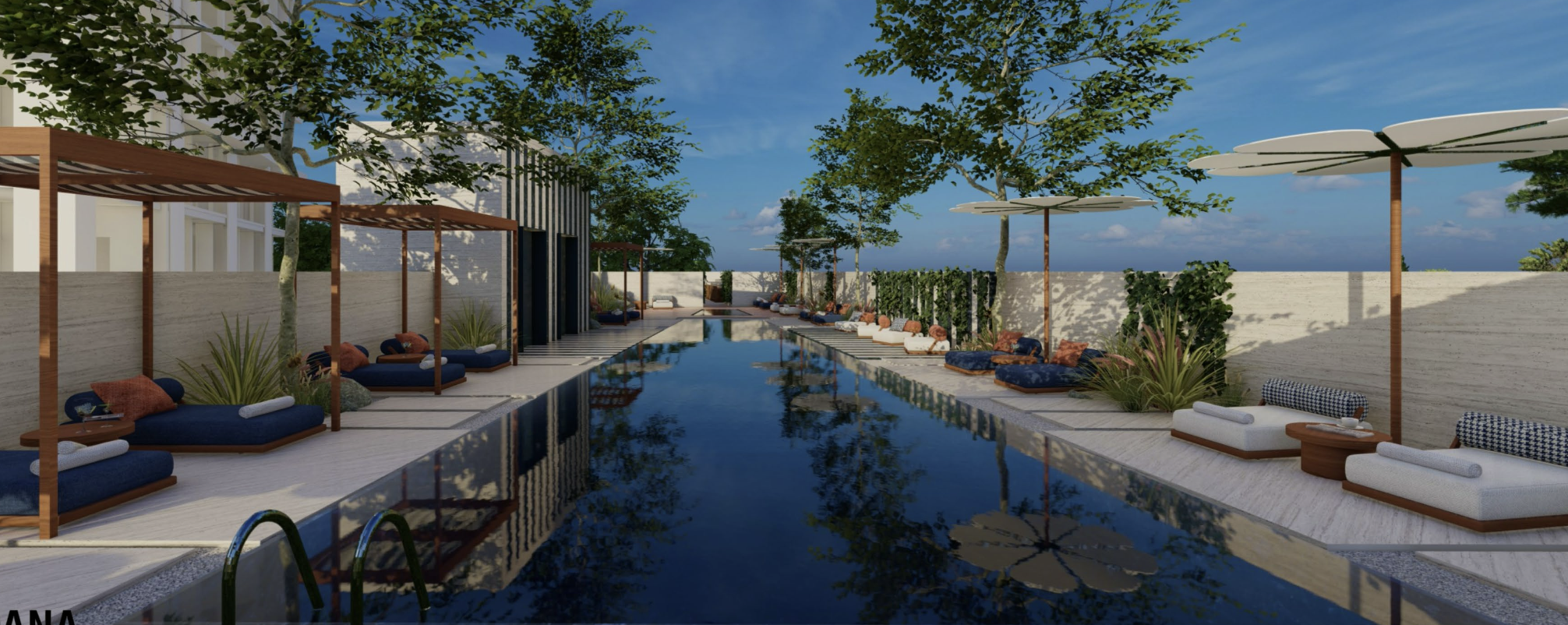 The exclusive urban oasis wellness complex at Midtown Jerusalem featuring a semi-Olympic pool and private cabanas