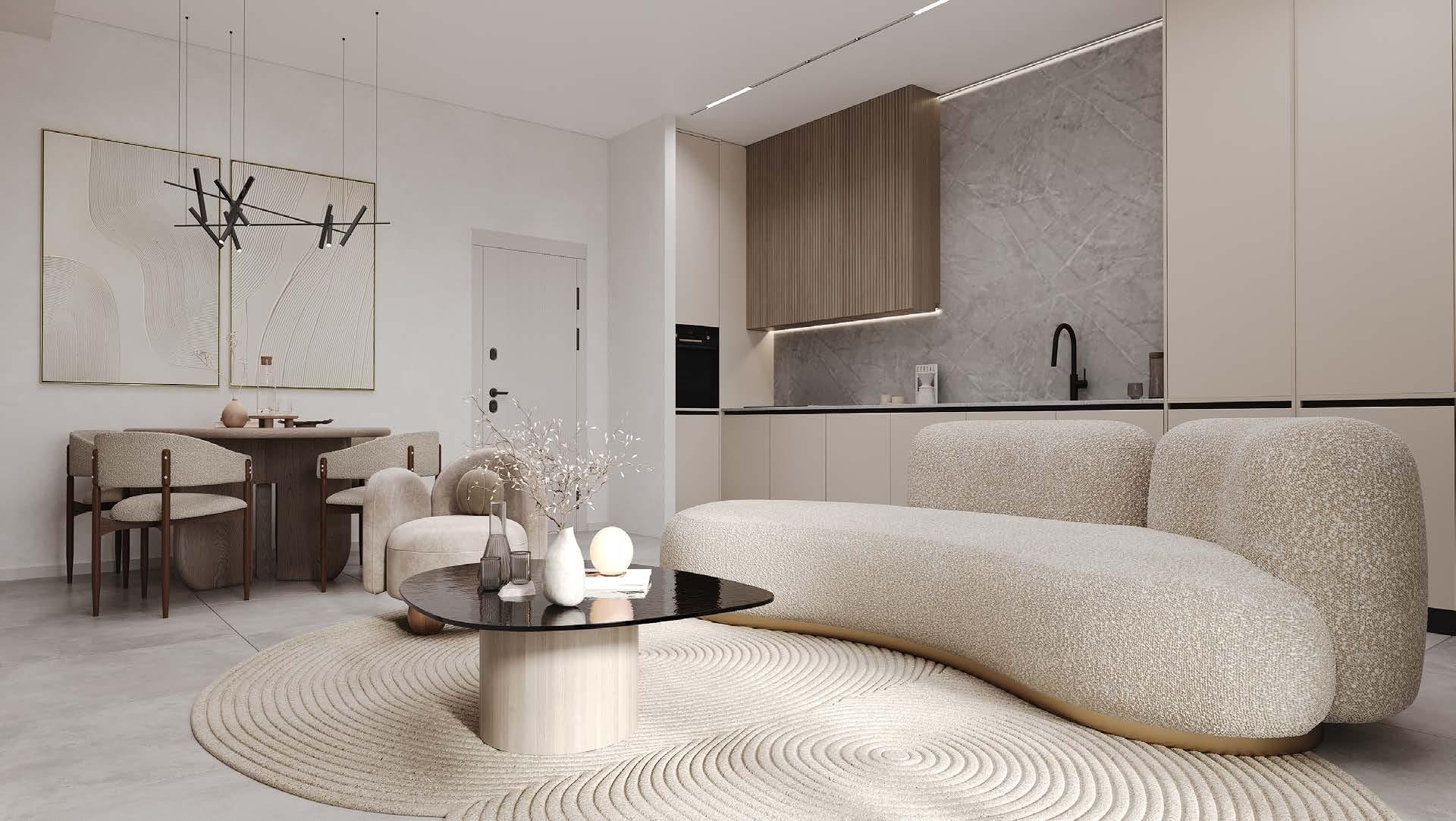 Luxury interior living room design at U Towers Bat Yam featuring modern urban skyline views