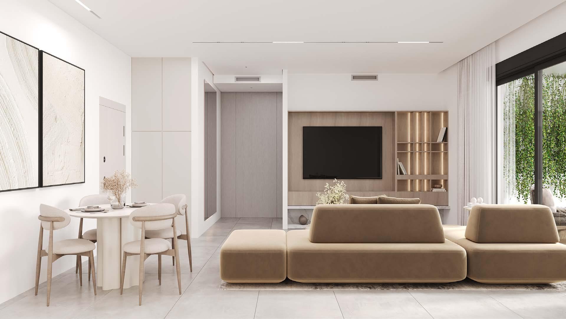 Refined residential lounge with bespoke carpentry and premium stone details inside a U Towers apartment